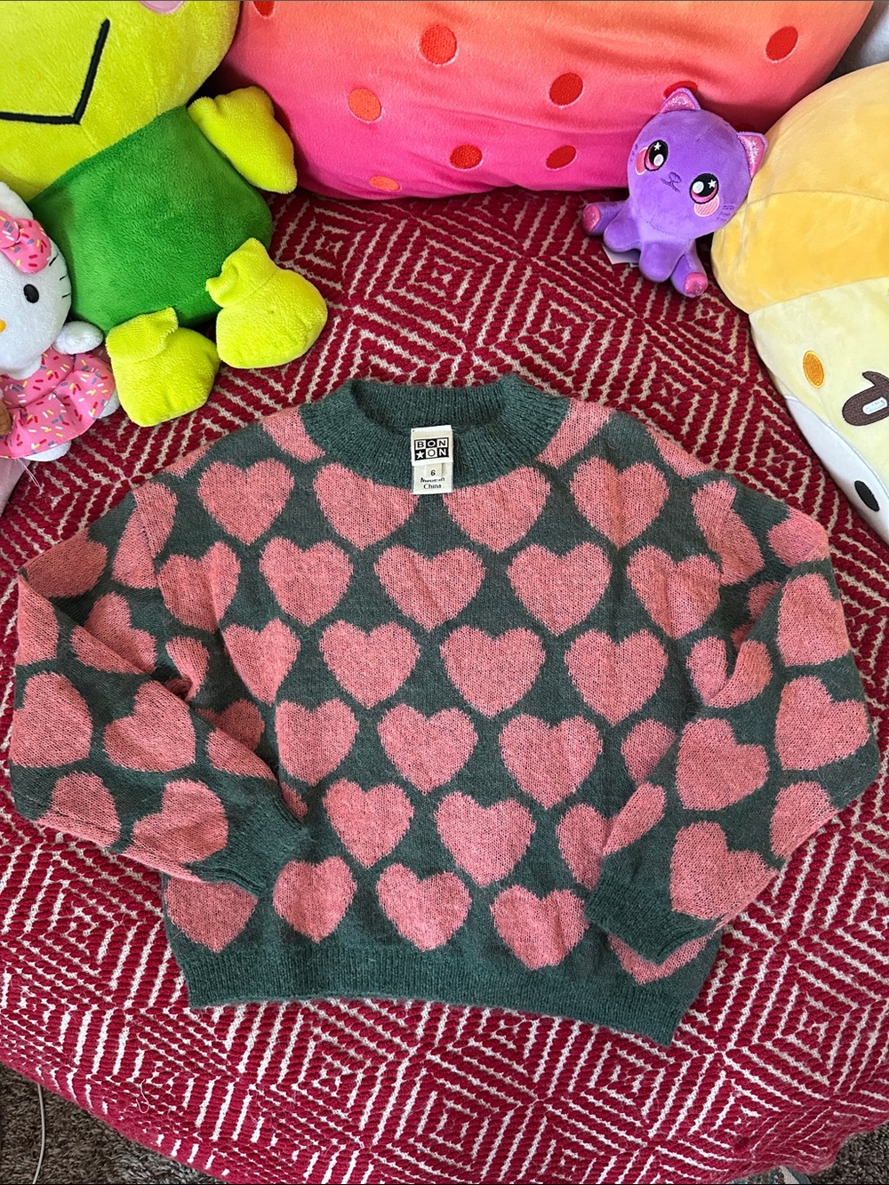 Bonton Lovely Hearts Pink Green Sweater Girls Alpaca Wool Blend Size 6